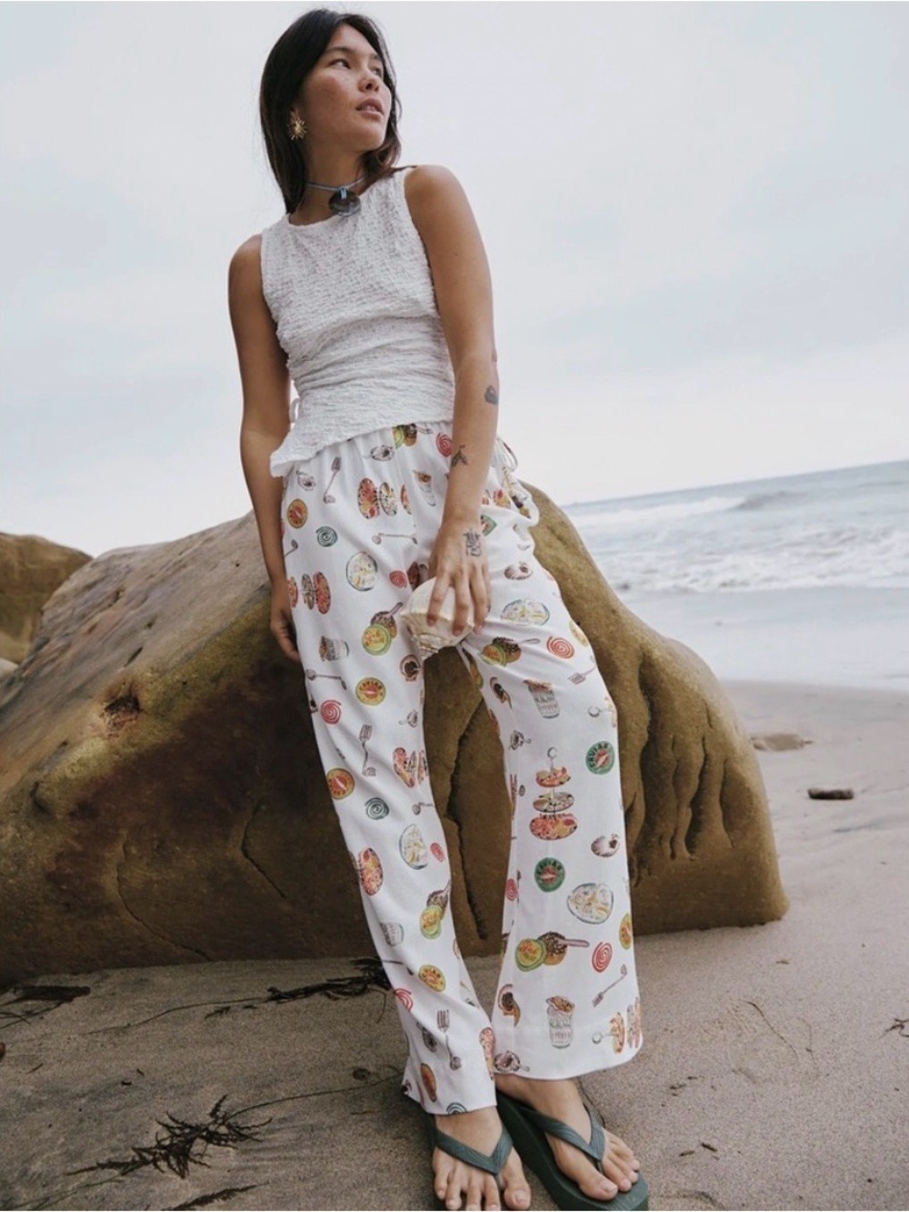 Lisa Says Gah Nora Pants White Caviar Dreams Print Linen Blend NWT